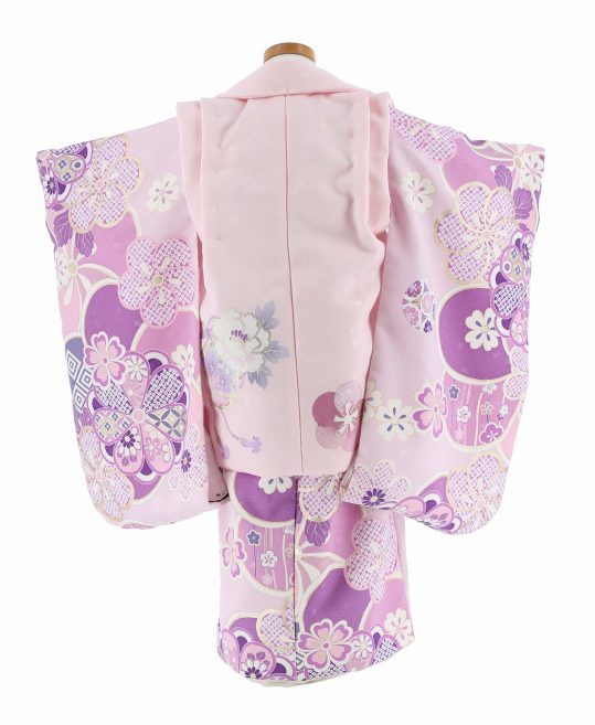 七五三 3歳女の子用被布[しなこ](被布)薄ピンク(着物)紫のレトロモダン柄No.114V